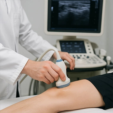 Doctor realizando una ecografía muscular y partes blandas caba